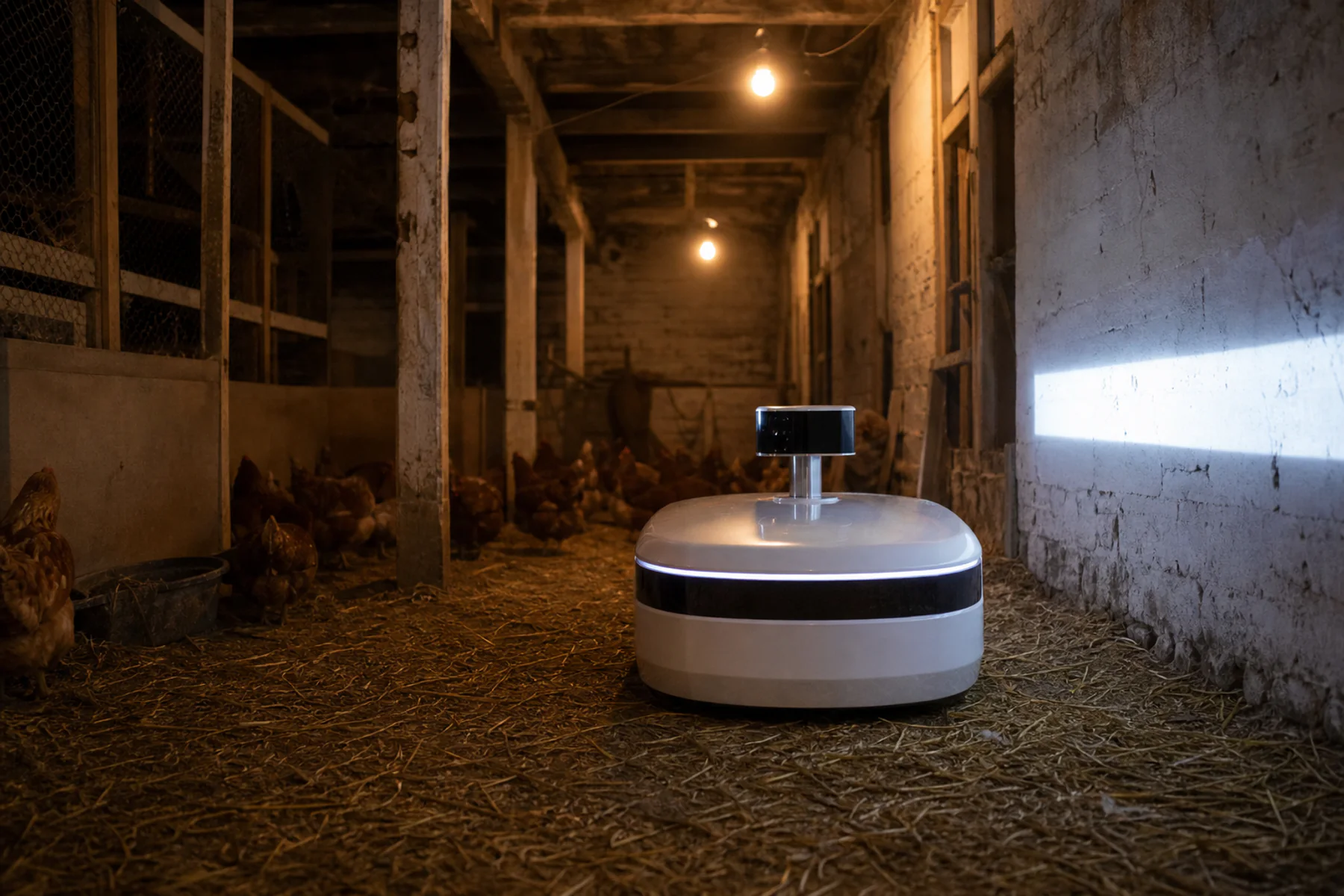 Autonomiczny robot inspekcyjny w przejściu kurnika, na ścianie rzucone światło z jego czujników.